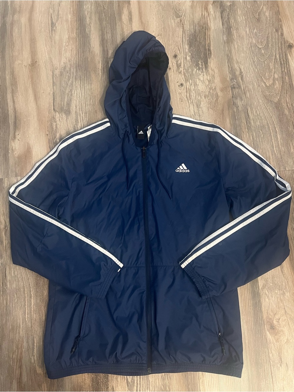 Adidas Navy Hooded Windbreaker with White Stripe Details
